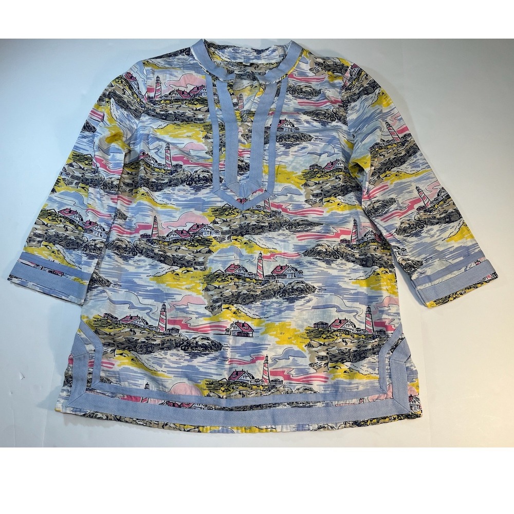 Kim Rogers Lighthouse Print Tunic Top Blue Yellow Coastal Grandma Nautical Prep